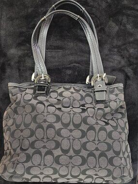 Coach Gray Signature C Tote Bag Canvas Leather Trim Shoulder Bag